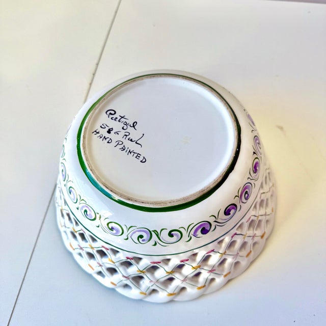 Late 20th Century Hand Painted Floral Cut Out Portuguese Pottery Bowl For Sale - Image 5 of 6