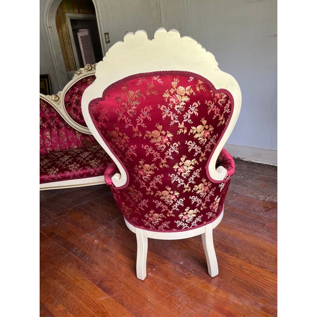 Mid 20th Century Mid 20th Century 3-Piece Victorian Rococo Revival Style Parlor Suite — Carved Cream & Gold Frames, Burgundy Brocade For Sale - Image 5 of 18