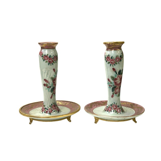 Pair Vintage Handmade Ceramic Pink Flowers Tube Shape Candle Holders For Sale - Image 4 of 9
