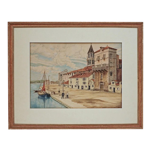 Portugal Riverfront Framed Color Pastel Drawing Rabelo Boat Signed Percy 1932 Vintage Portuguese Cityscape Art For Sale