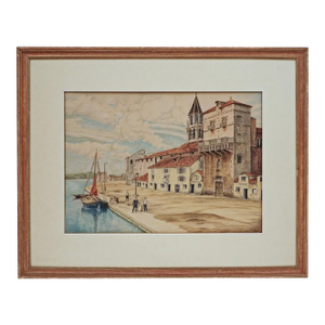 Portugal Riverfront Framed Color Pastel Drawing Rabelo Boat Signed Percy 1932 Vintage Portuguese Cityscape Art