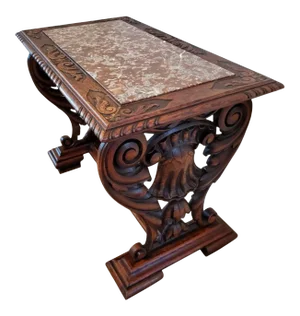 19th Century Renaissance Revival Carved Oak Marble Top Table