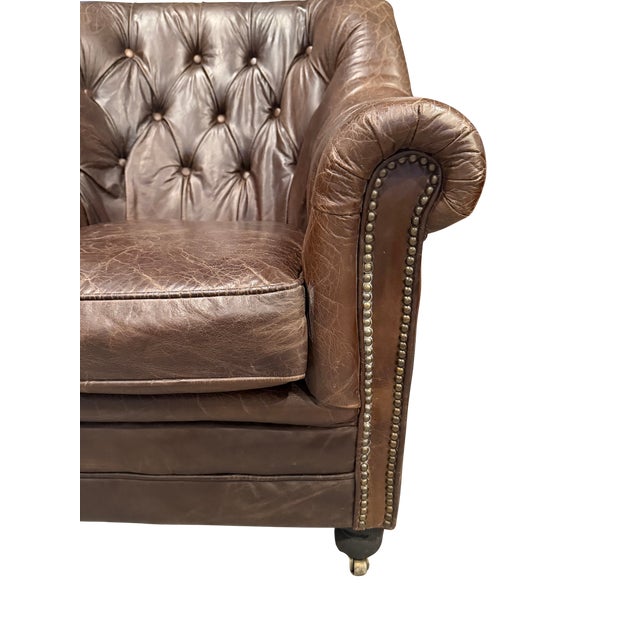 Restoration Hardware Distressed Leather Club Chairs, Pair – Tufted English Library Lounge Chairs With Rolled Arms & Brass Casters For Sale - Image 17 of 18
