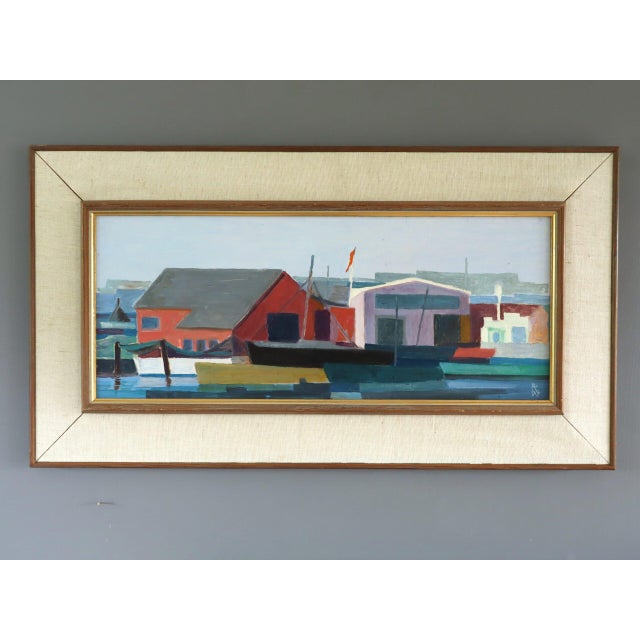 THE COLOURFUL HARBOUR Size: 13 x 23.6 inches (including frame) Oil on board A striking modernist coastal landscape...