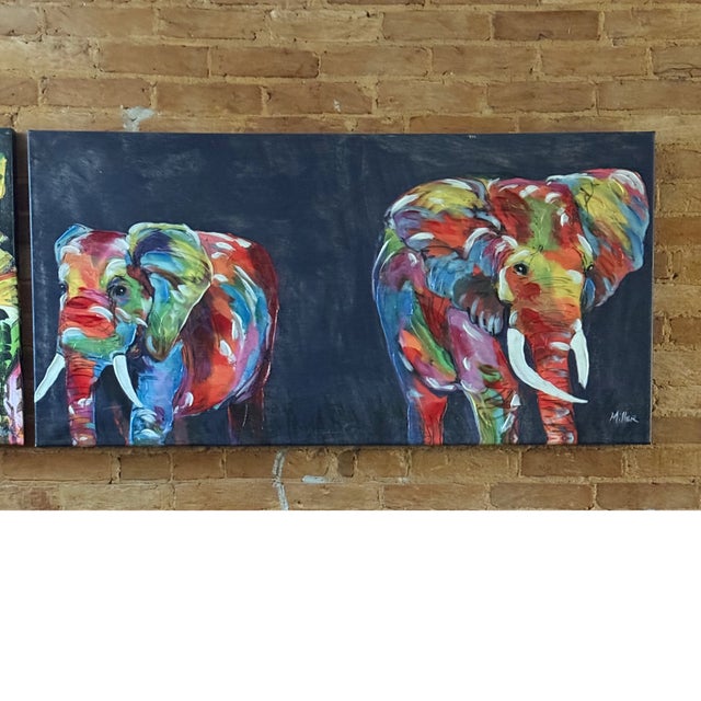 Vintage Vibrant Safari Elephant and Giraffe on Glossy Canvas Set by Sought After Tracy Miller - Set of 2 For Sale - Image 13 of 13