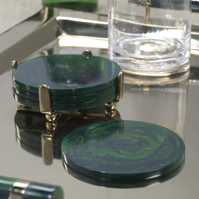 Spiga 4-Piece Set Green Coasters on Gold Stand For Sale - Image 4 of 5