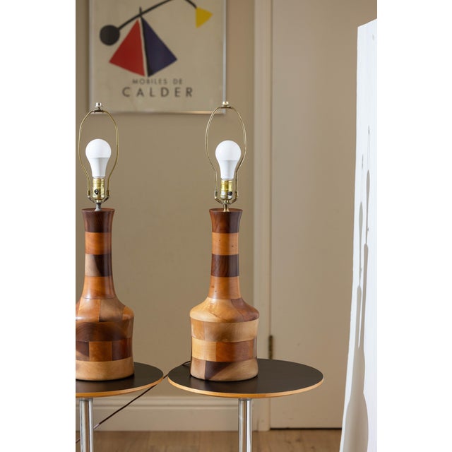 Vintage 1970s Segmented Wood Table Lamps in Walnut, Cherry, and Maple - A Pair For Sale - Image 12 of 14