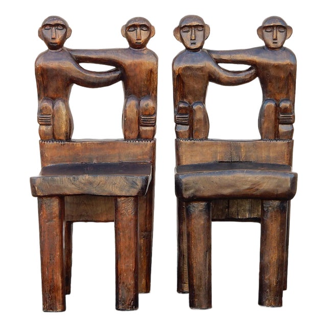 Antique African Folk Art Ashanti Sculpted Wood Art Chairs / Stools For Sale
