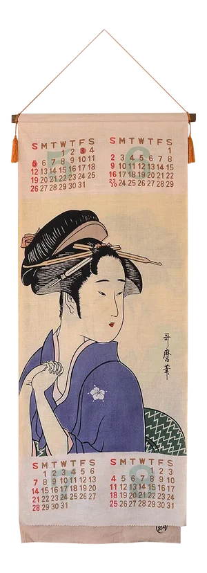 1963 Japanese Dyed Fabric Kitagawa Utamaro Ukiyo-E Geisha Woodblock Wall Calendar