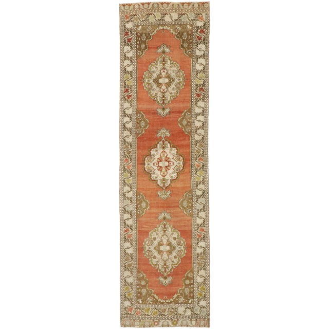 Mid 20th Century Vintage Turkish Oushak Runner 03'06 X 12'08 For Sale - Image 9 of 10