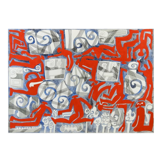 Abstract Wind & Red Figures Painting by Benicio Nunez For Sale