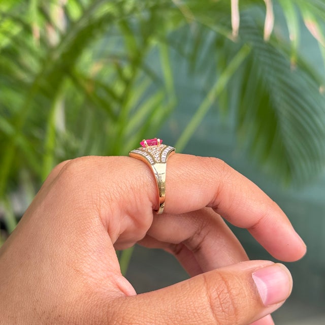 1 Carat Oval Ruby & Cluster Diamond Art Deco Statement Ring Size 5 in 14k Gold For Sale - Image 11 of 17