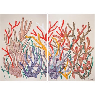 2025, Illustration Style, Biomorphic Art of Earth Tone Corals, Gouache Crayon on Watercolor Paper by Romina Milano- Set of 2 For Sale