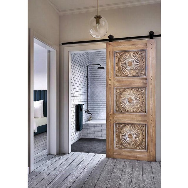 Brown Hand-Carved Solid Wood Entry Door – Sunburst Triple Panel Design For Sale - Image 8 of 11