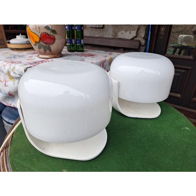 Metal Pair of Italian Mid-Century “Mushroom” Table Lamps by Lumi Milano – Opaline Glass & Metal, C. 1950s. For Sale - Image 7 of 7