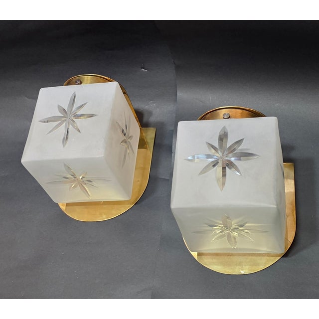 1940s Vintage Art Deco Light Old Lamp Wall Sconces Fixture Brass & Star Frosted Cube Glass Shade Lamp Ship Light - a Pair For Sale - Image 5 of 5