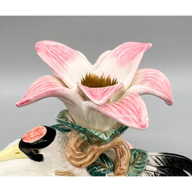 1996 Fitz & Floyd Crane & Lily Ceramic Candlestick Holder – Chinoiserie / Hollywood Regency For Sale - Image 10 of 12
