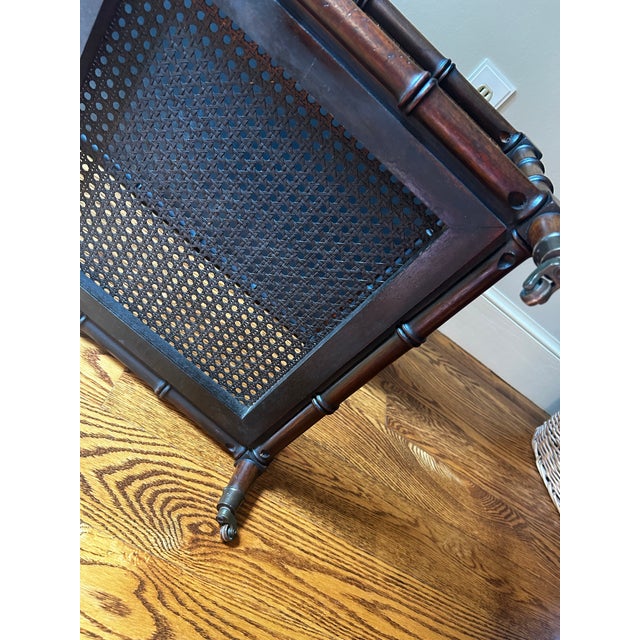 Vintage Mid-Century Faux Bamboo Walnut Coffee Table With Cane Shelf & Casters For Sale - Image 11 of 16