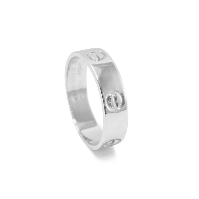 Modern Men’s Cartier Love Classic Model 18k White Gold 5.5mm Wedding Band Ring, Size 10 For Sale - Image 3 of 8