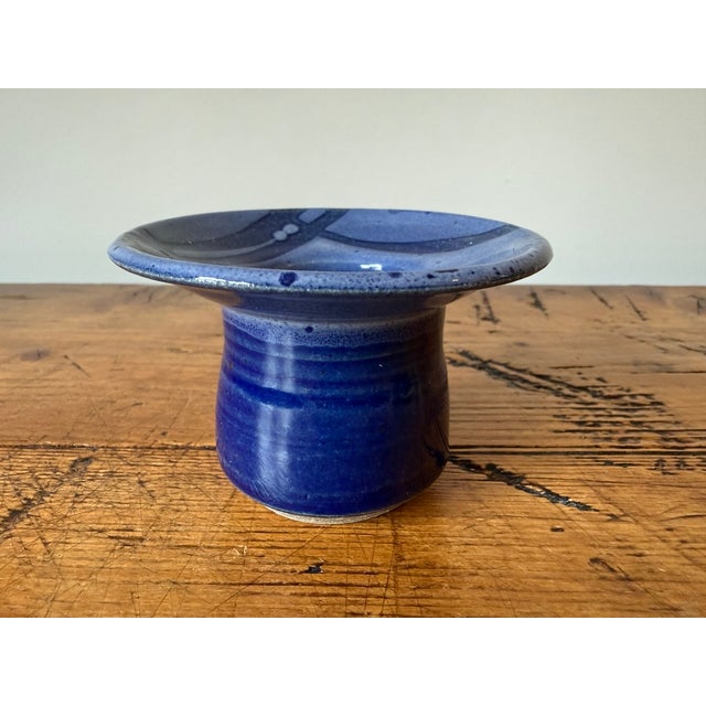 Vintage Ikebana Vase, Signed Studio Pottery., with an interior frog. Beautiful blue with some striping on the top. Vase...