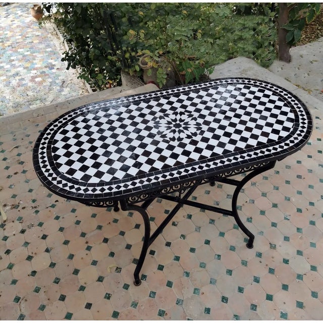 Moroccan Black White Oval Table Moroccan Mosaic Art Work For Sale - Image 3 of 6