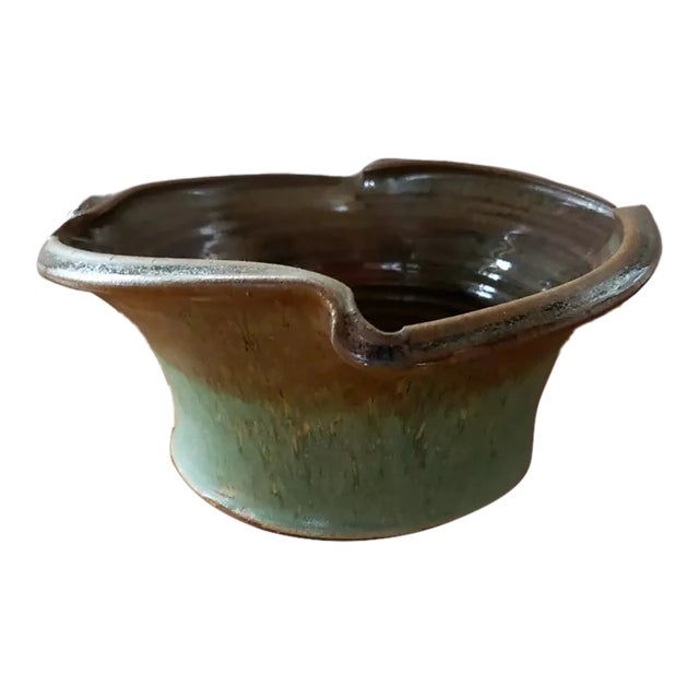 2015 Signed Green and Brown Pottery Bowl With Glazed Inner Surface For Sale