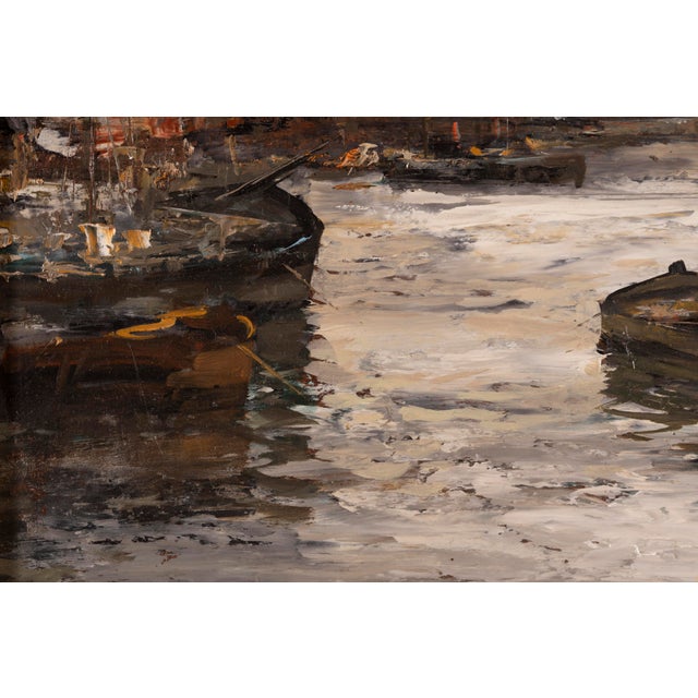 Ezelino Briante, Harbor with Moored Boats at Sunset, Oil on Panel For Sale - Image 6 of 15