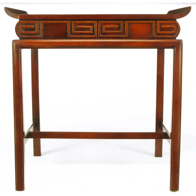 Curved Mahogany and Leather Top End Tables with Greek Key Reliefs - a Pair For Sale - Image 4 of 8