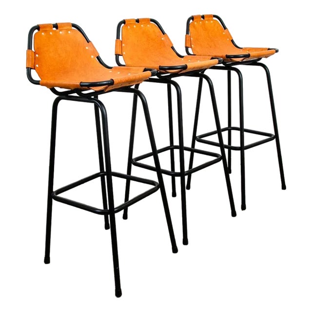 1960s Mid Century Modern Bar Stools Set 3 Cognac Tan Leather Charlotte Perriand Arcs For Sale