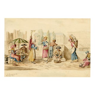 Figures on the Quay near the Pont Neuf, Paris, 1820s, Watercolour For Sale
