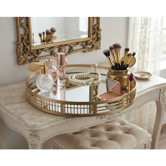 Hollywood Regency Large 18" Round Heavy Mirrored Tray W/Gold Gallery Edge - For Serving, Vanity or Ottoman - Palm Beach Regency, Grandmillennial, Modern Luxe - See Pics For Sale - Image 3 of 8