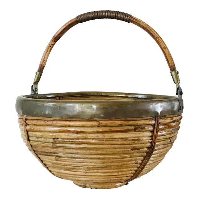 1970s Italian Rattan and Brass Basket For Sale