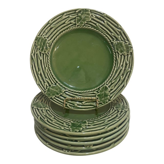 Bordallo Pinheiro Majolica Plates Green Oak Leaf Acorn - Set of 6 For Sale