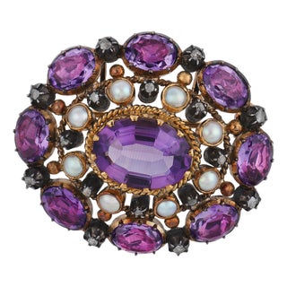19th Century Victorian Amethyst Pearl Diamond 18k Yellow Gold Silver Brooch Pendant For Sale