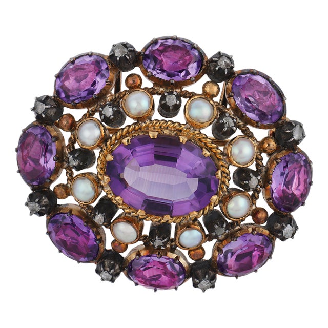 19th Century Victorian Amethyst Pearl Diamond 18k Yellow Gold Silver Brooch Pendant For Sale