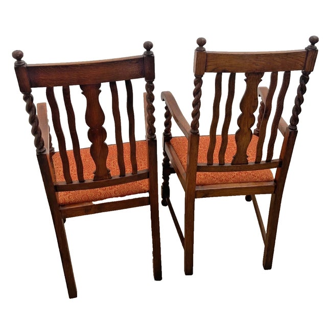 Pair of Antique Jacobean Revival Barley Twist Oak Armchairs Rust & Gold Damask For Sale - Image 4 of 13