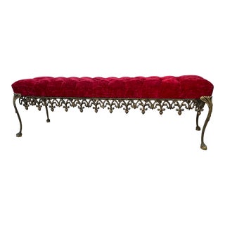 1960s Vintage Hollywood Regency Archlace Velvet & Gilt Metal Bench For Sale