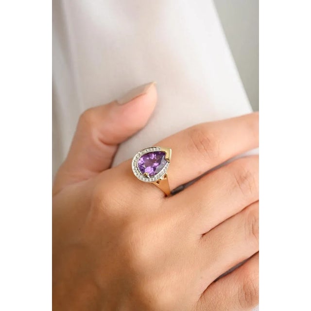 Pear Cut Amethyst Birthstone Cocktail Diamond Halo Ring- Anniversary Gifts Size 5 For Sale In New York - Image 6 of 12