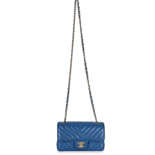 Blue Lambskin Chevron Mini Rectangular Flap Bag For Sale - Image 9 of 9