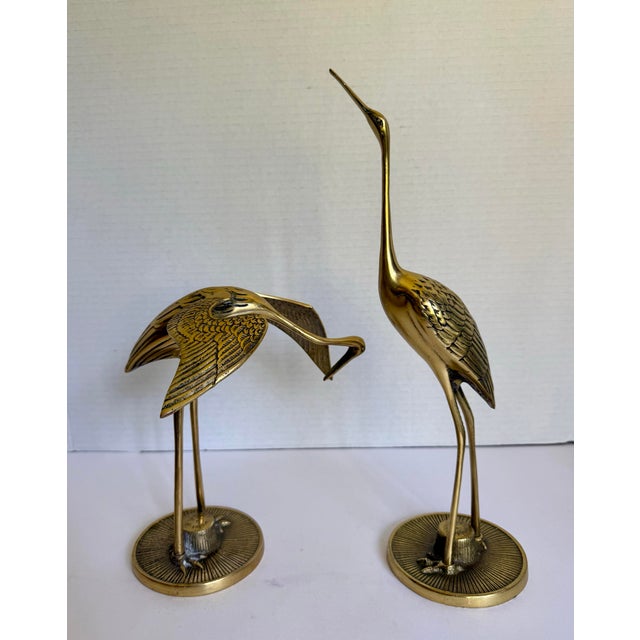 Brass Mid-Century Chinoiserie Brass Crane Figurines on Round Bases - Pair For Sale - Image 8 of 11