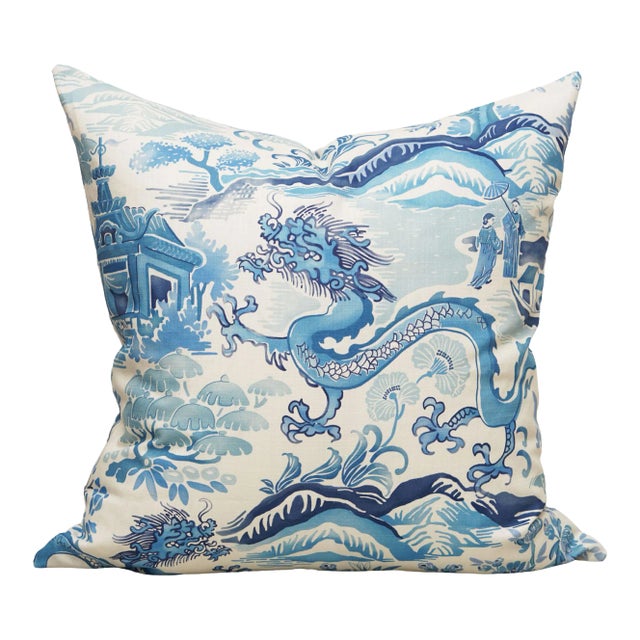 22" Gardens of Chinoise Porcelain Blue Pillow For Sale