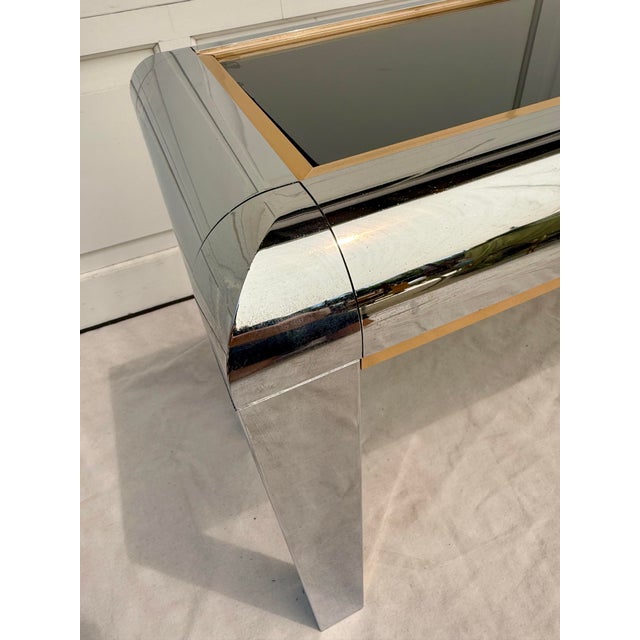 1970's Chrome and Brass Console With Mirrored Top Attributed to Paul Evans For Sale - Image 11 of 12