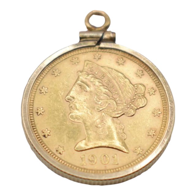 18k Gold 1901 Liberty Five Dollar Coin Pendant For Sale