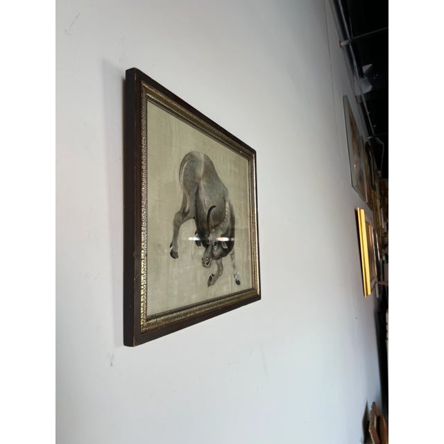 Available for sale this fantastic Mid - century framed silk embroidery wall art, depicting a cow . Framed under clear...
