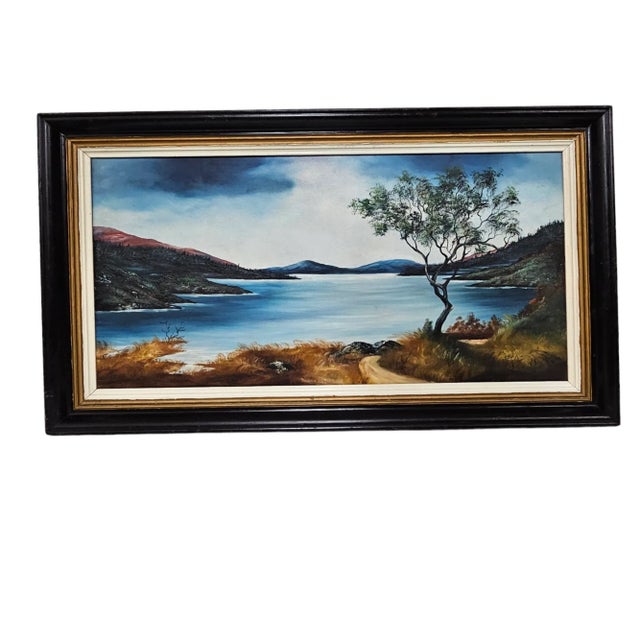 Mid-Century Modern Mountain Lake Landscape Wood Frame Oil Painting For Sale - Image 3 of 8
