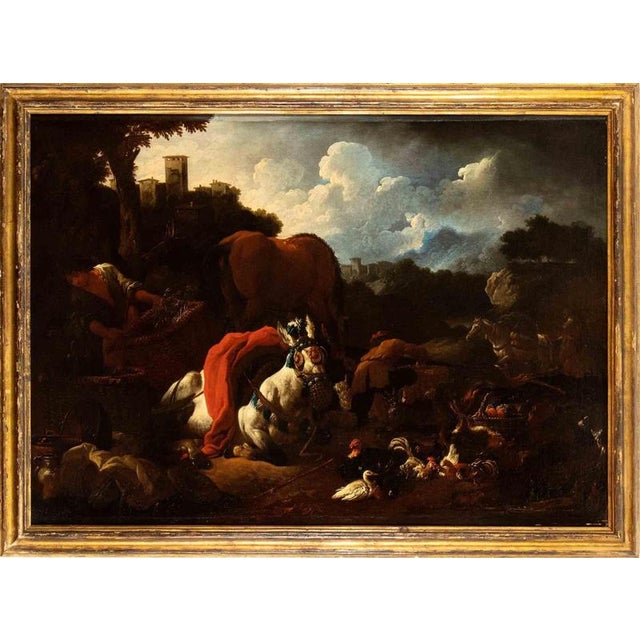 Unknown, Landscape with Merchants Arranging the Goods, Oil Painting, Late 17th Century For Sale - Image 7 of 7