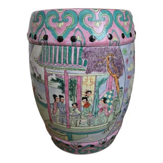 Vintage Chinese Hand-Painted Porcelain Garden Stool / Drum Stool With Floral & Figural Motif For Sale