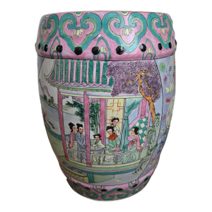 Vintage Chinese Hand-Painted Porcelain Garden Stool / Drum Stool With Floral & Figural Motif