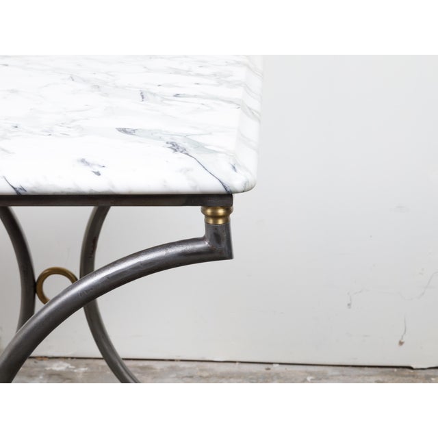 French Mid-Century Steel and Bronze Console Table with White Veined Marble Top For Sale In Atlanta - Image 6 of 12