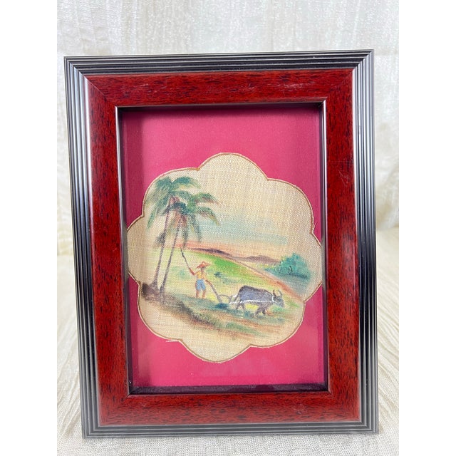 Textile Vintage Tropical Burlap Folk Art Gallery Wall, Set of Six Framed Hand-Painted Village Scenes For Sale - Image 7 of 12